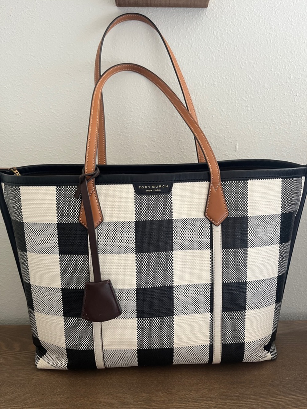 Tory Burch Black and White Buffalo Check Canvas Tote with Tan Leather Handles